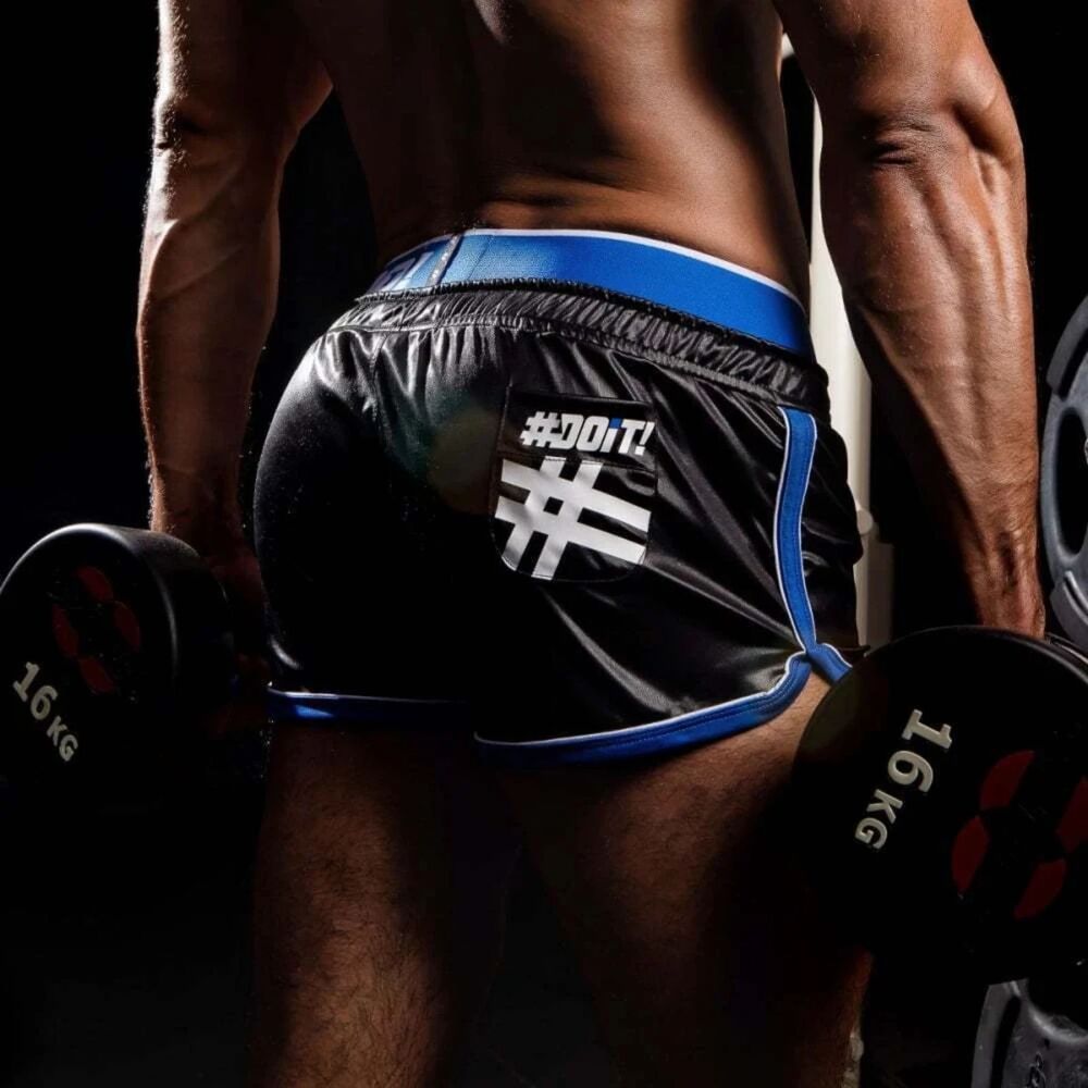 DOiT Shiny Split Running Shorts Built-In Jockstrap Black Blue Gay Pride Sz. L - Picture 2 of 10